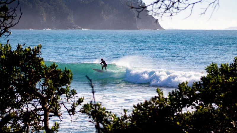 Clean wave at the north end of the beach with bush headland behind. The friendly side of Hot Water, Hot Water Beach surf spot