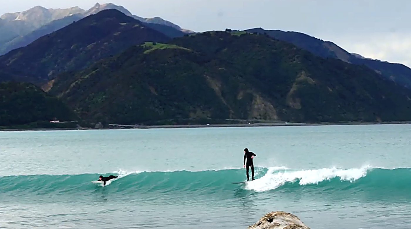 Trading clean walls under the snow-dusted Seaward Kaikōura Range, one of the great views in New Zealand surfing, Mangamaunu s