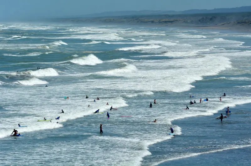 A busy lesson day in the whitewater, Muriwai surf spot, Auckland West, New Zealand.