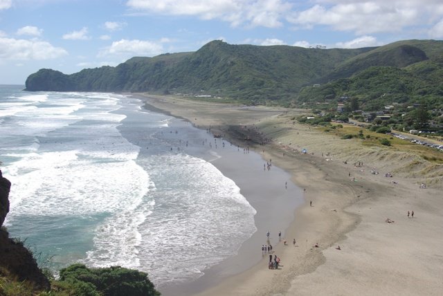 South Piha on a busy summer day, the bank in front of the surf club at work, Piha surf spot, Auckland West, New Zealand.