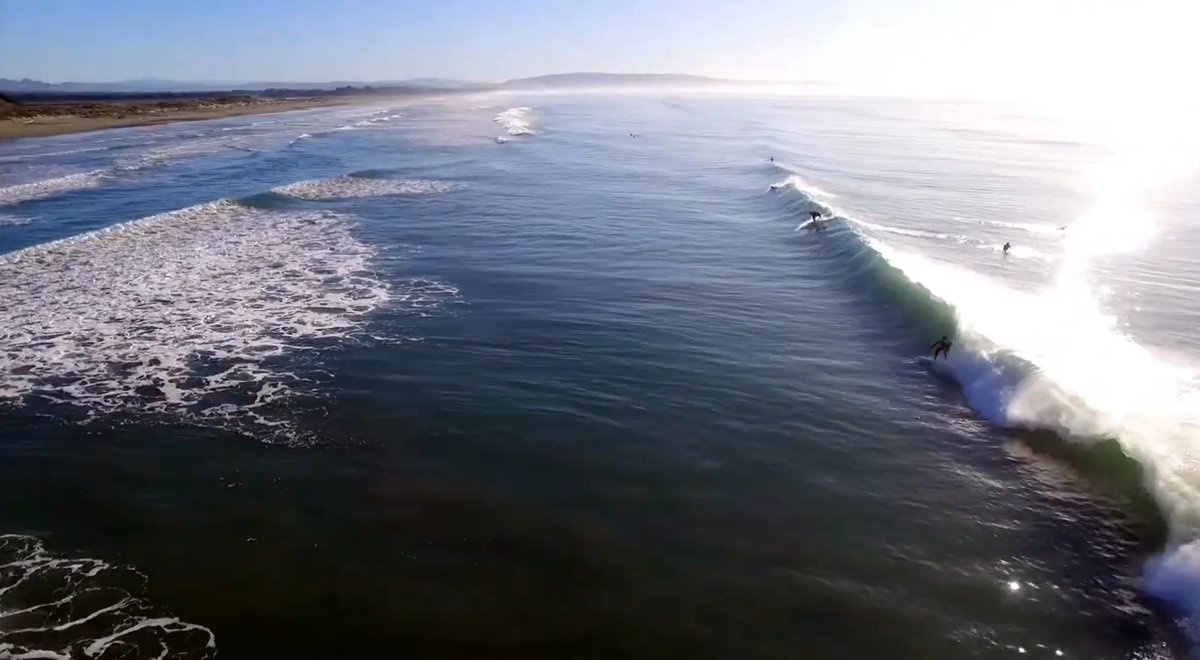 A clean wall peels off into the morning sun with a handful of locals stretched along it, Waikuku on a good one, Waikuku Beach