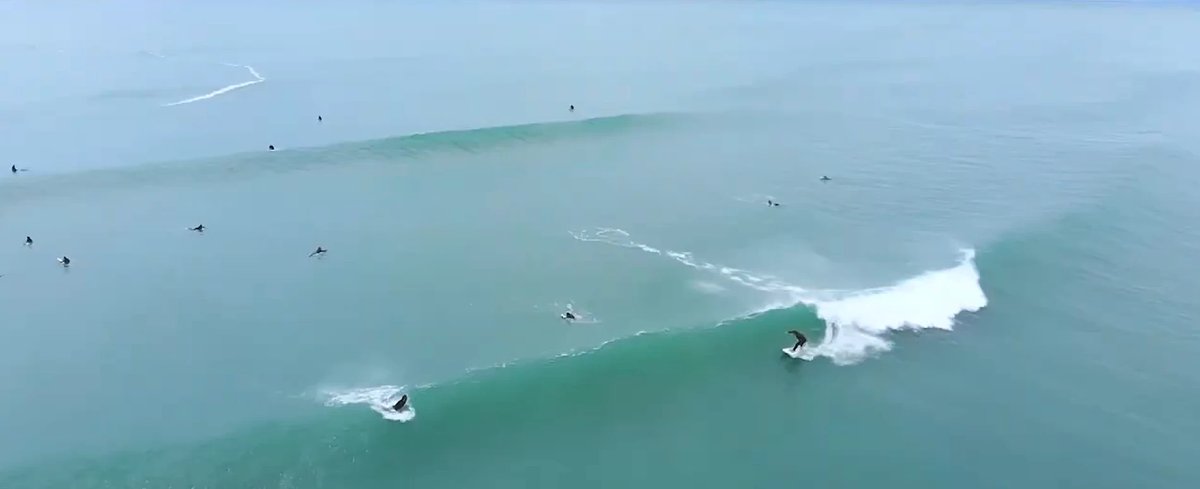 Looking down on the lineup as the sets reel through and the crew share the peaks, Westport surf spot, West Coast South Island